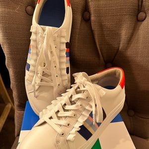 New Tori Burch sneakers with embroidered stripes and ruffle. So cute- like new!